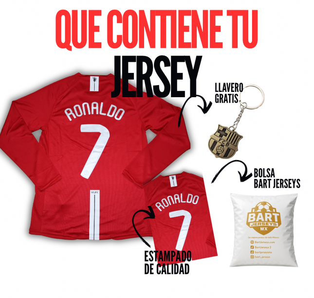 Jersey Manchester United 2008 manga larga Ronaldo 7 con llavero de regalo y empaque de Bart Jerseys.