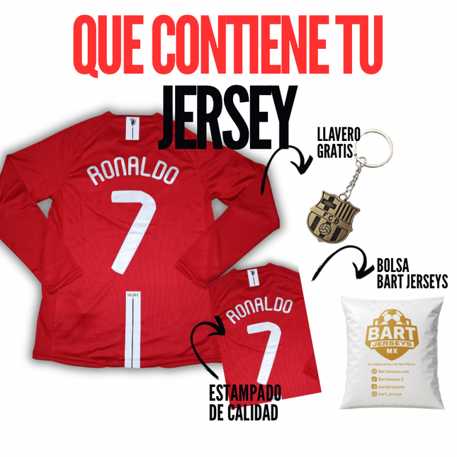 Jersey Manchester United 2008 manga larga Ronaldo 7 con llavero de regalo y empaque de Bart Jerseys.