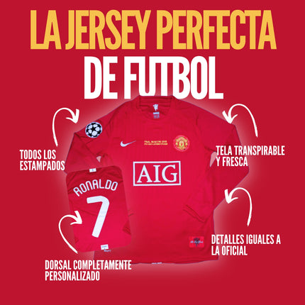 Jersey Manchester United 2008 manga larga rojo Ronaldo 7 retro con detalles Final Moscú y tela transpirable.